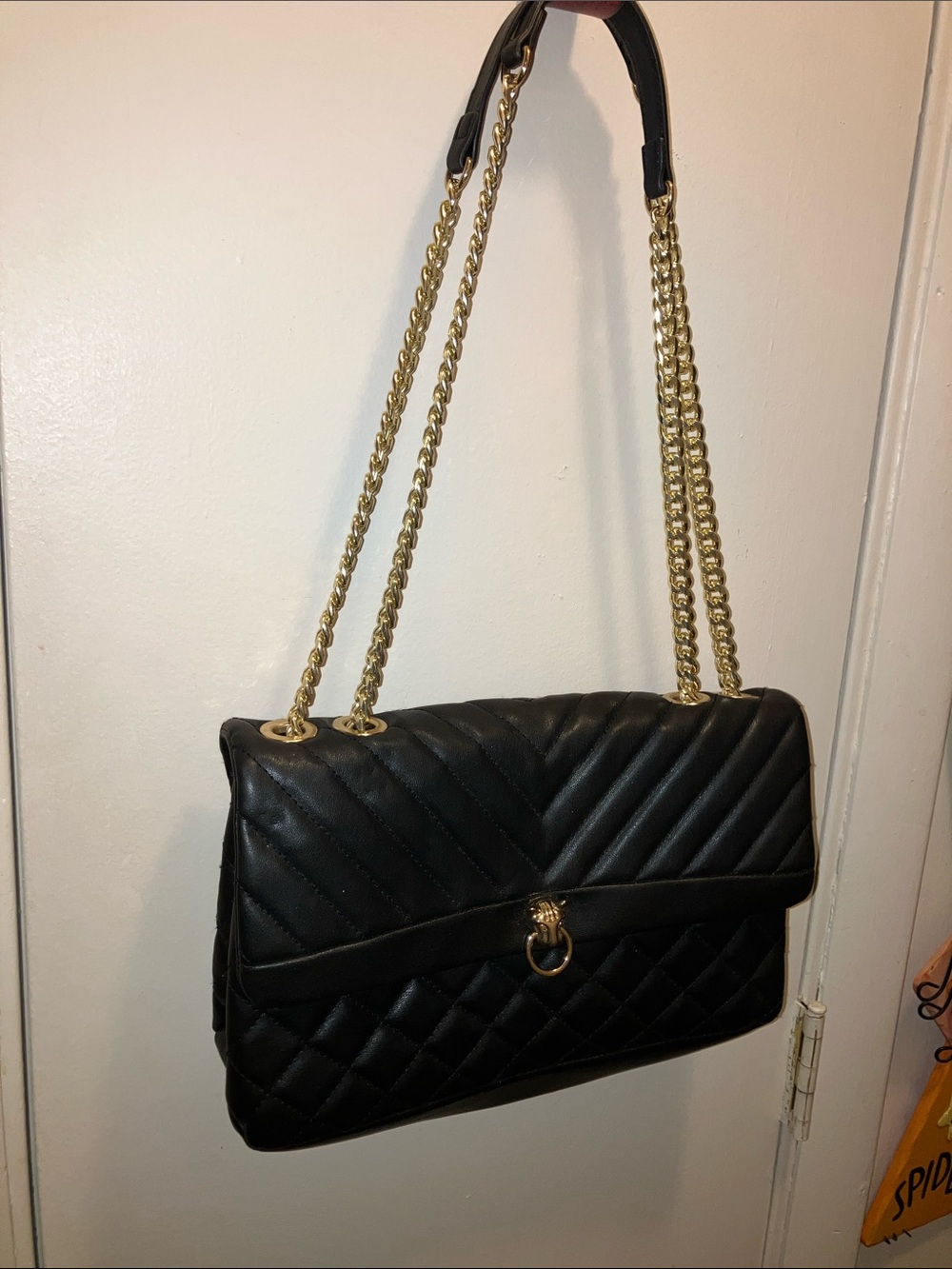 Topshop Black Quilted Shoulder Bag with Gold Chain Straps Faux Leather 12” X 8”